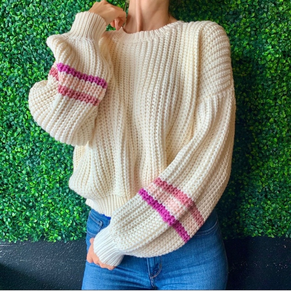 NWOT Blue Blush Puff Sleeve Stripes Knit Crop Sweater - Picture 3 of 7